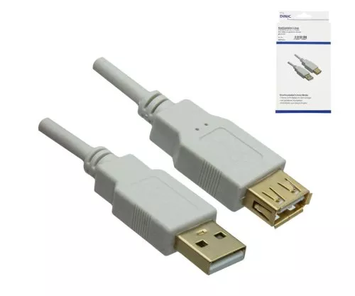 DINIC USB 2.0 HQ pagarinātājs no A male uz A female, 28 AWG/2C, 26 AWG/2C, balts, 2.00m,, DINIC Box